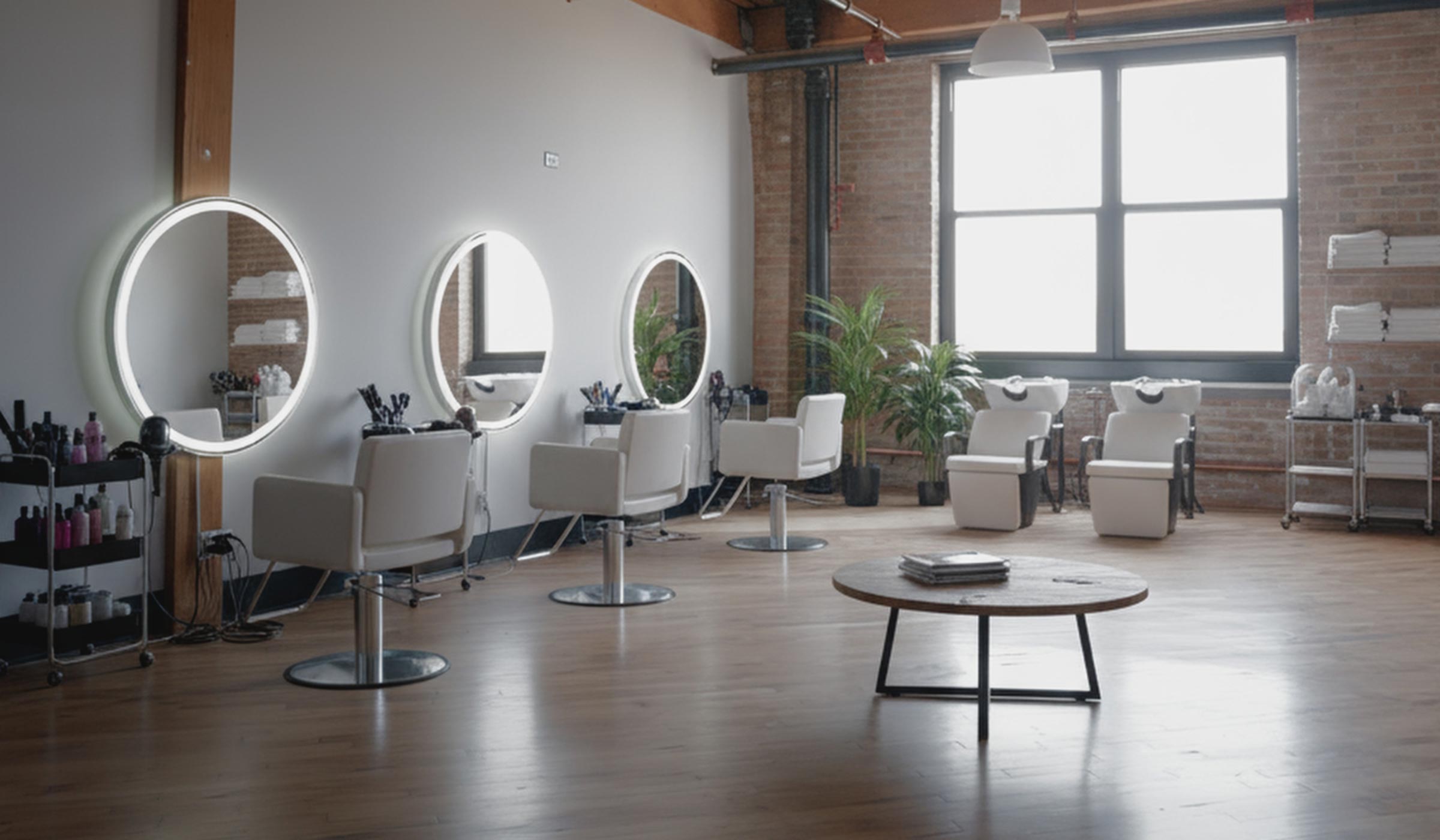 Salon suite in the lacuna building with salon chairs and bright natural light.